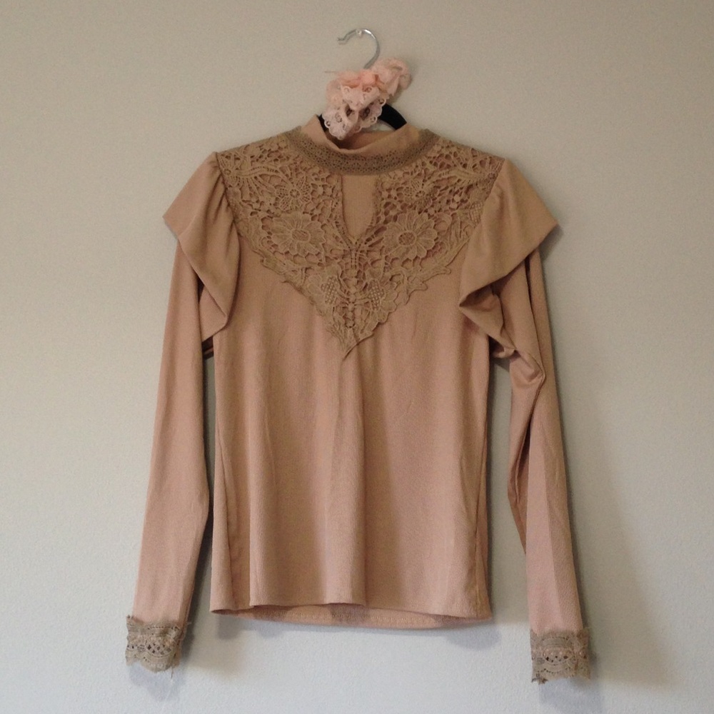 Light Brown Tan Victorian Style Mock Neck Long Sleeve Top w/ Ruffled Shoulders